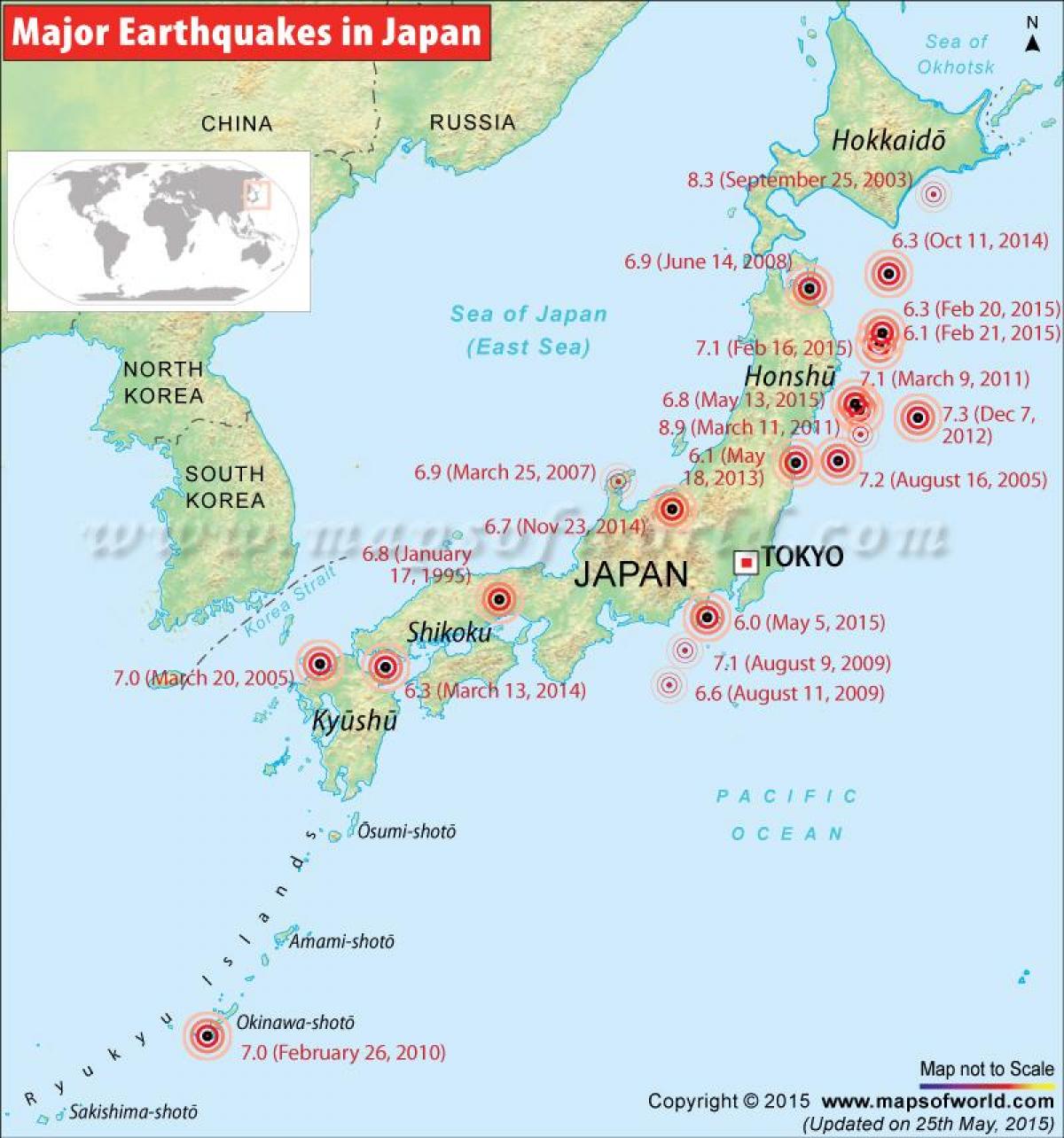 землетрясения на карте Японии